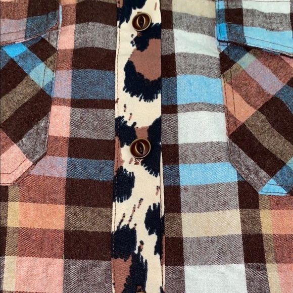 ASVIVID Plaid Tunic button up roll tab long sleeves leopard print accents size L - Picture 5 of 11